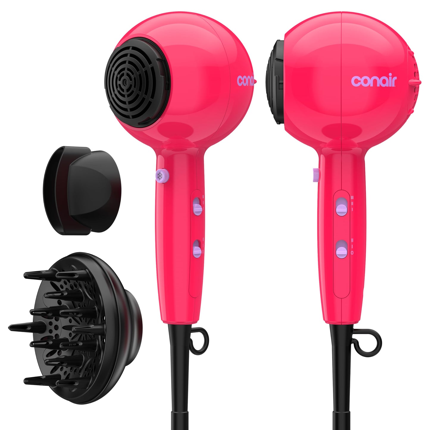 Conair Cake Pop Hair Dryer with Diffuser & Concentrator Attachments, Blow Dryer, Hair Dryers for Women, Tourmaline Ceramic Technology, 3 Heat/2 Speed Settings, Compact Hair Dryer w/Concentrator, Pink