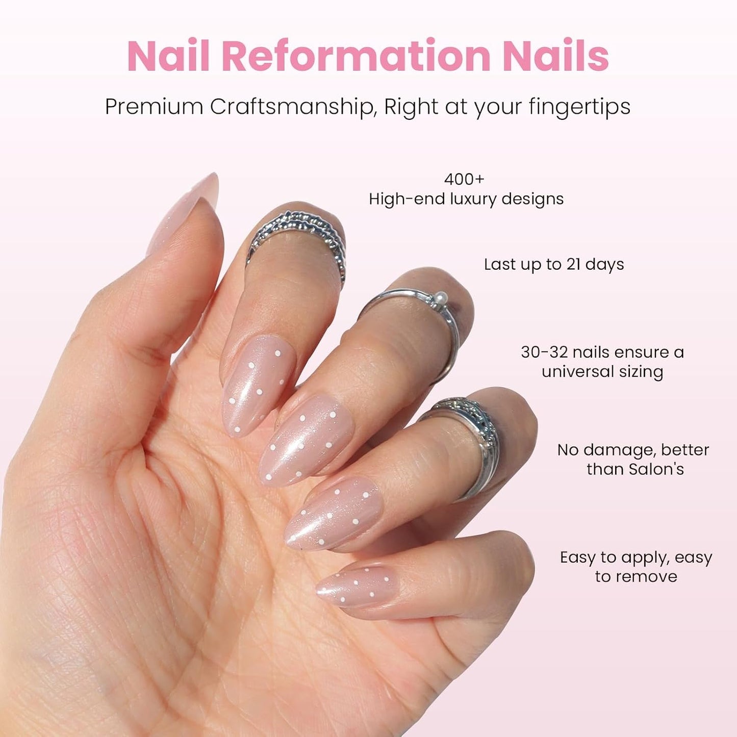 Press On Nails - Milk Dots Polka Dot Almond Nails on Pink Shimmer Base | Glossy Finish, Reusable 16 Sizes - 32 Nail Kit with Glue