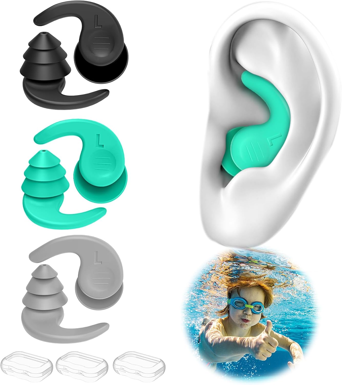 Swimming Ear Plugs - Waterproof Reusable Silicone for Adults | 3 Pairs for Swimming, Surfing & Showering