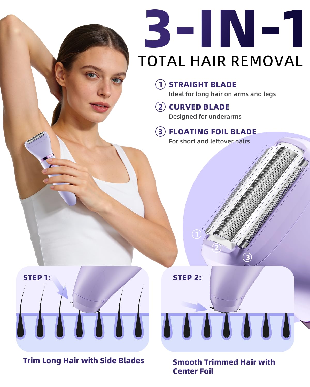 Electric Bikini Trimmer for Women - Waterproof Rechargeable Razor with Ceramic Blade | Personal Groomer for Legs & Pubic Hair - Purple