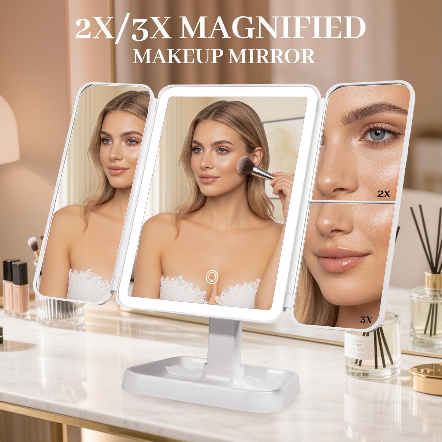 AoKayzu 1x/2x/3x Magnification Makeup Mirror,Adjustable Touch Screen with 4 Mode Lights Change 180°Rotation USB Charge Lighted Desktop Mirror for Make up Travel Cosmetic