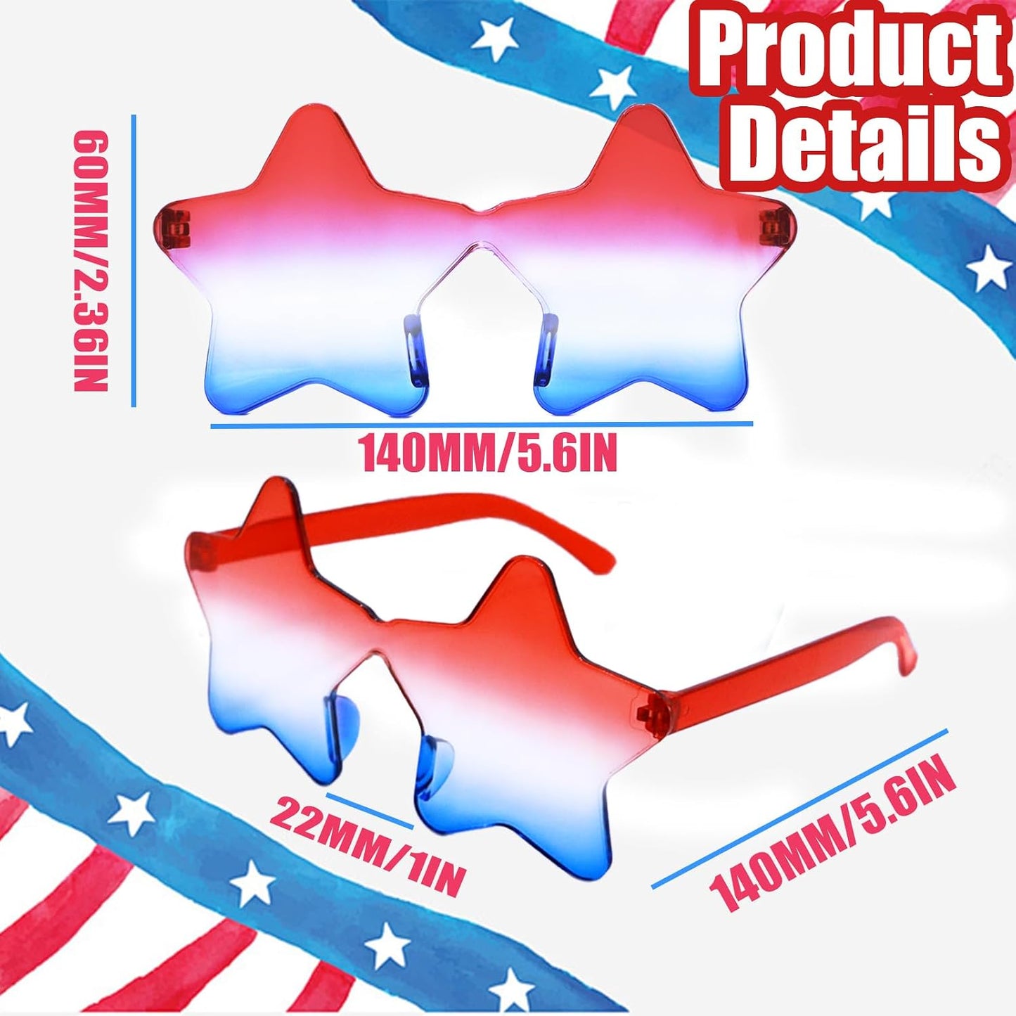 4th of July Star Glasses - USA Red, White & Blue Party Accessory | One Size Fits All | Lightweight Plastic Frames for Parades & BBQs