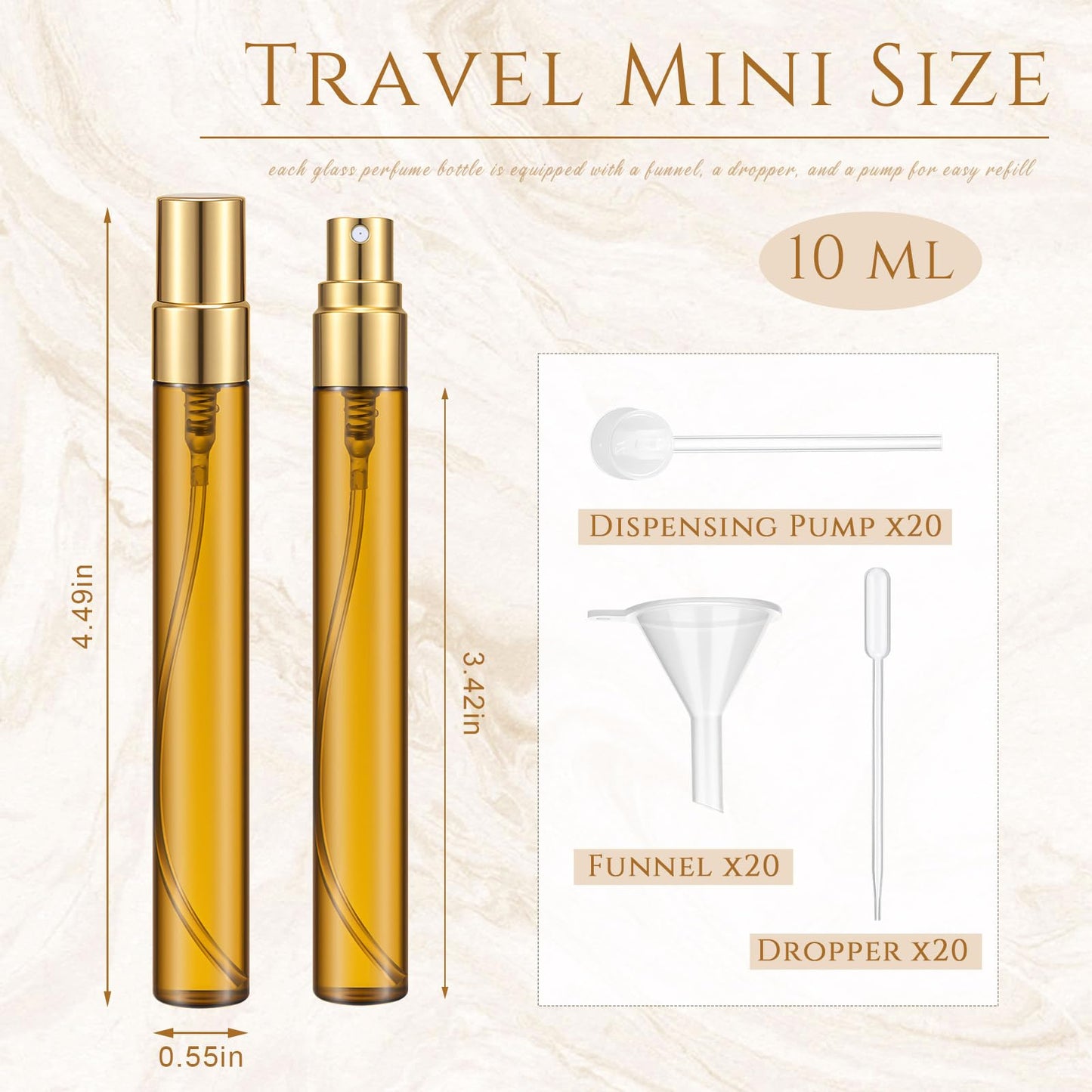 Domensi 60 Pcs 10ml Mini Perfume Bottle Fine Mist Atomizer Glass Refillable Bottles Decants Bulk for Perfumes Travel Glass Container with Atomizer Pump Kit for Fragrance(Amber, Gold, 10ml)