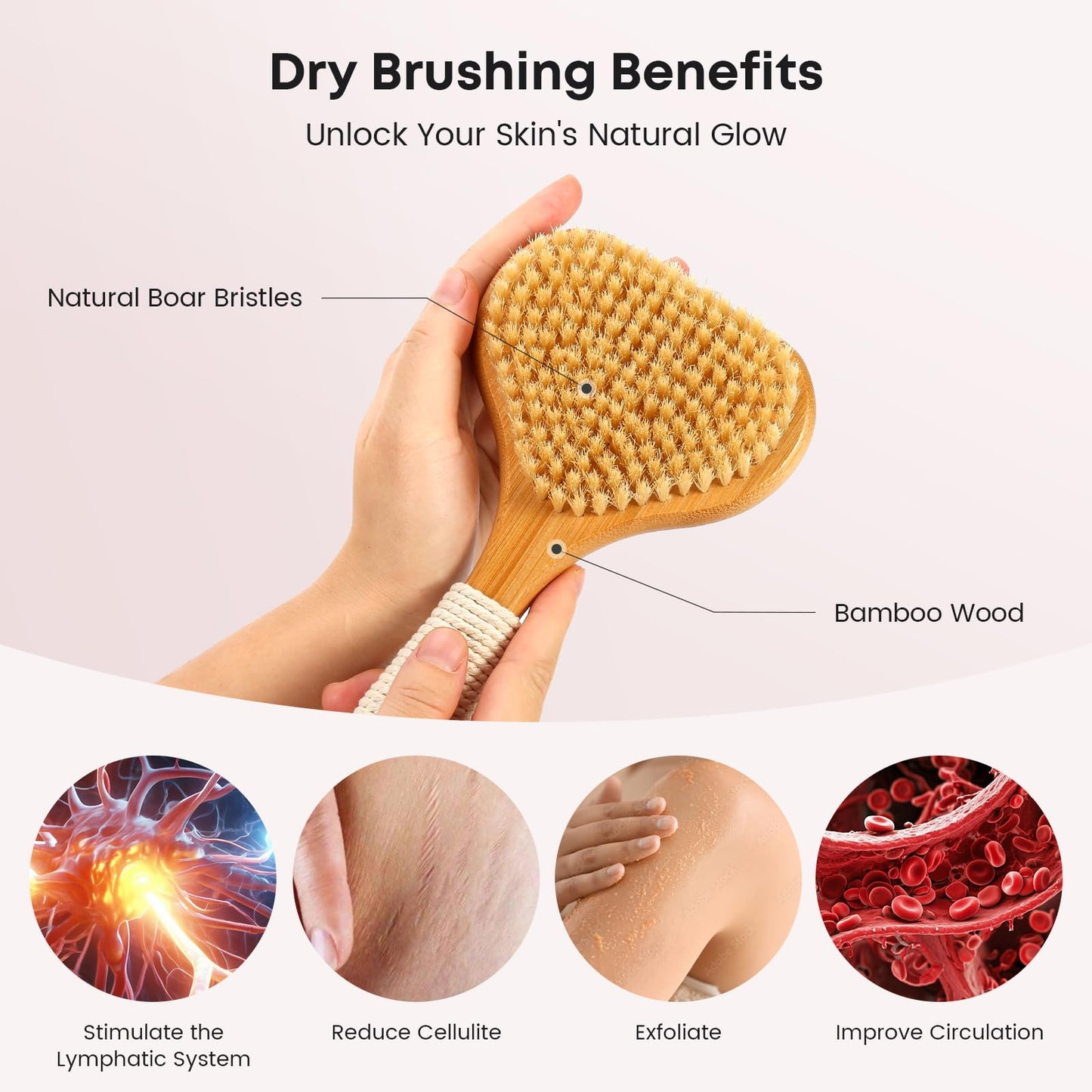 eaxun Bamboo Dry Brushing Set with Body and Face Brush, Dry Scrub Brush with Exfoliating Natural Boar Bristle for Lymphatic Drainage, Cellulite Reduction, Blood Circulation and Glowing Skin, 2 Pack