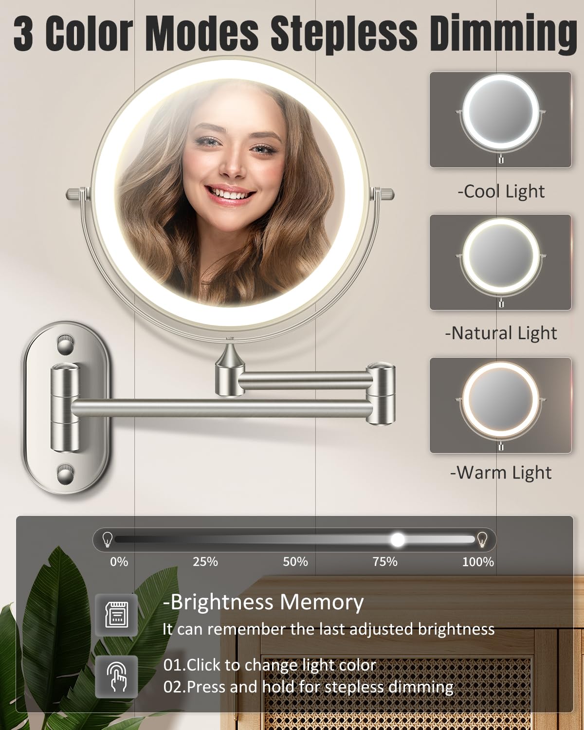 30X/1X Wall Mounted Lighted Makeup Mirror, 8'' Double Sided Rechargeable Magnifying Bathroom Mirror with Light, 3 Color Lights Touch Dimmable Extended Arm 360 Rotation Light up Mirrors