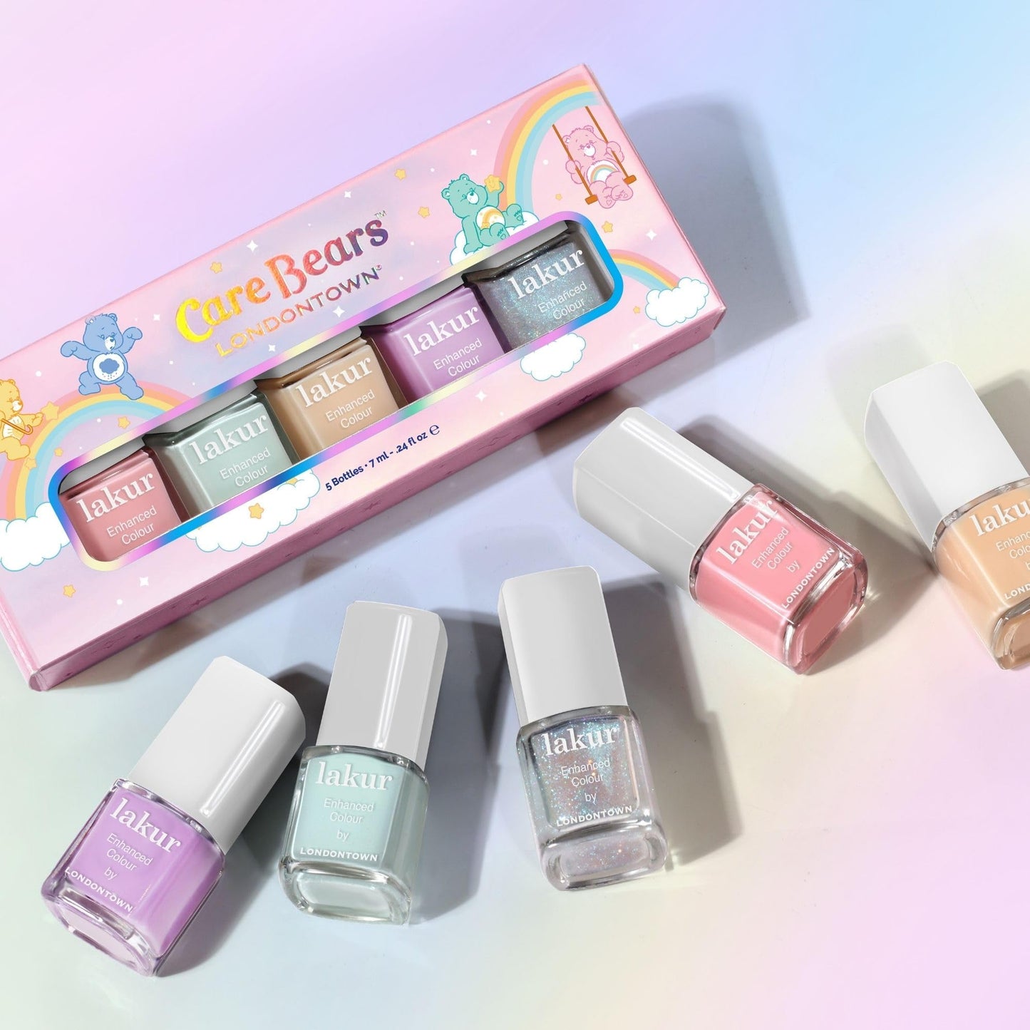 Care Bears TM by LONDONTOWN Beary Polished Mini Set – Sheer Pastel & Shimmer Nail Polish Collection, Pink, Mint, Orange, Lilac & Blue Sparkle Shades, Vegan, Cruelty-Free, 21+ Free, 0.24 fl oz Each