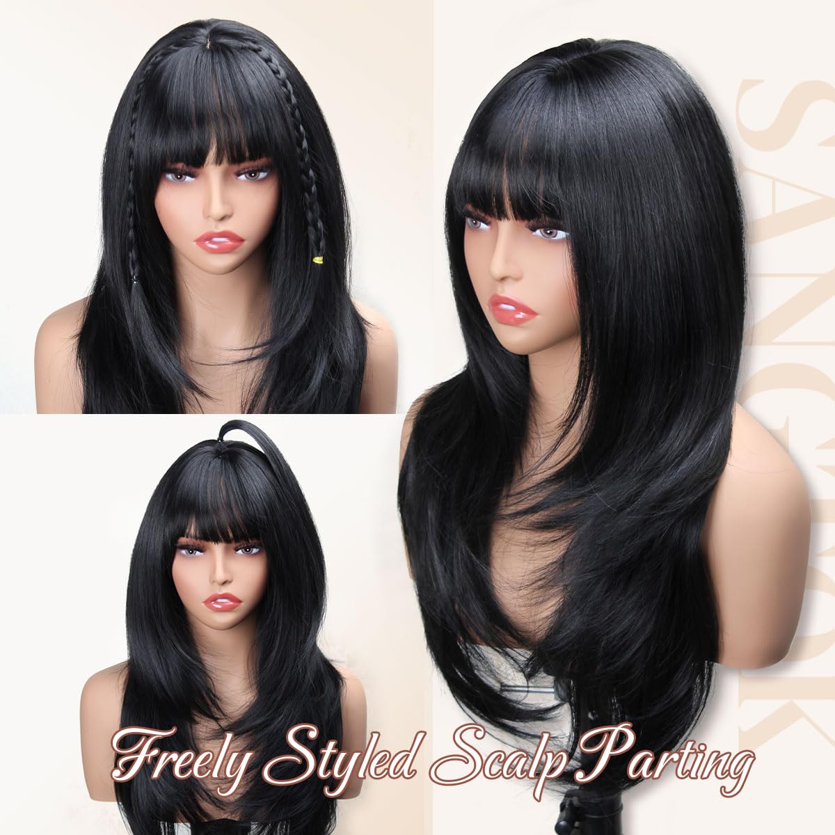 Layered Black Wig with Bangs - 26 Inch Long Synthetic Heat-Resistant Hair | Realistic Scalp Free Parting for Daily & Party Use