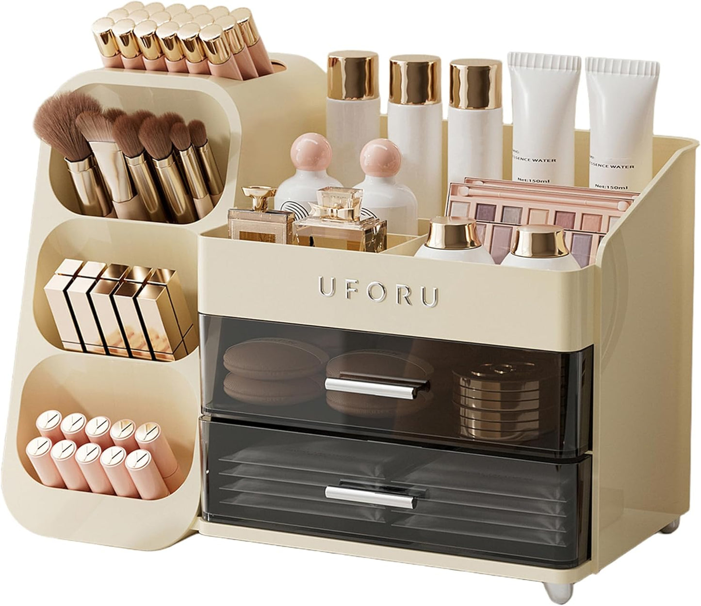 Makeup Organizer for Vanity - Large Capacity Skincare & Cosmetic Display Case with 2 Drawers | Brush Holder & Perfume Storage