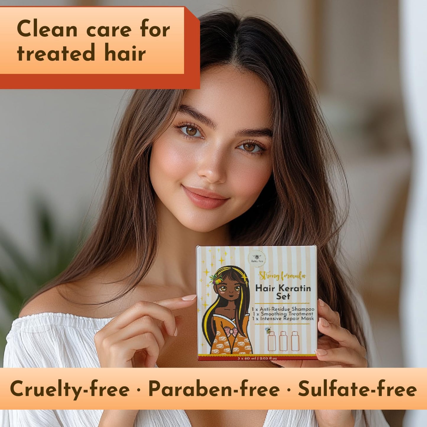 Keratin Hair Treatment Set 2.03 Fl Oz JUMY BEE – At-Home Keratin Hair Mask Treatment with Shampoo, Conditioner – Shea, Acai – Formaldehyde-Free, Frizz Control, All Hair Types