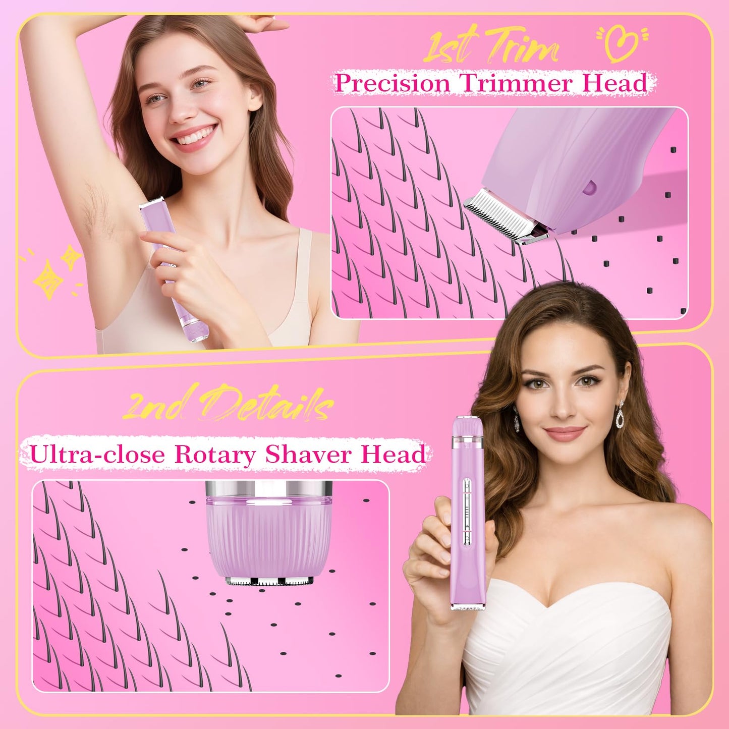 2 in 1 Personal Shaver for Women Pubic Hair Bikini Trimmer for Ladies Electric Razor, Waterproof Wet & Dry Rechargeable Facial & Body Hair Remover for Underarm, Leg, Arm, Face
