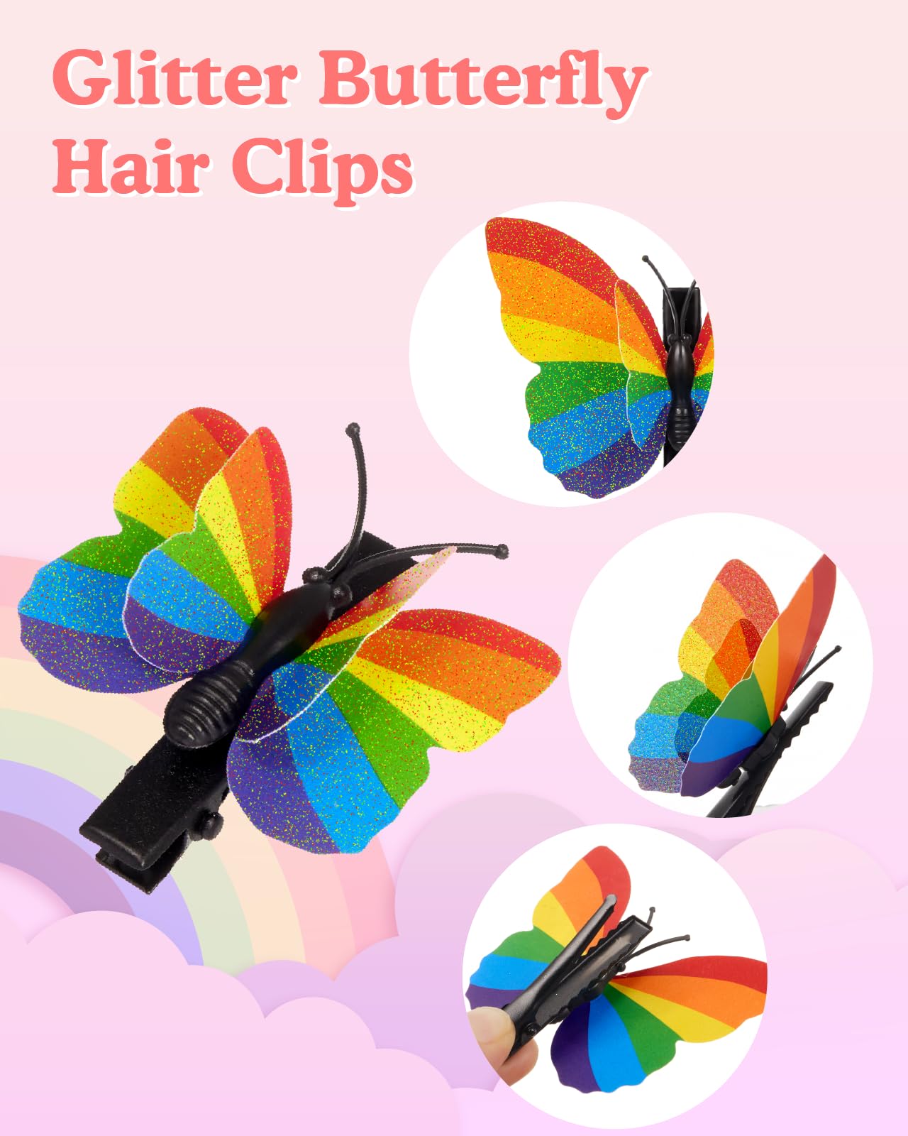 16PCS Pride Rainbow Glitter Butterfly Hair Clips – 8 Large & 8 Small with Foldable Wings for Pride Parade, Rainbow Hair Accessories for LGBTQ Day Celebration Outfit