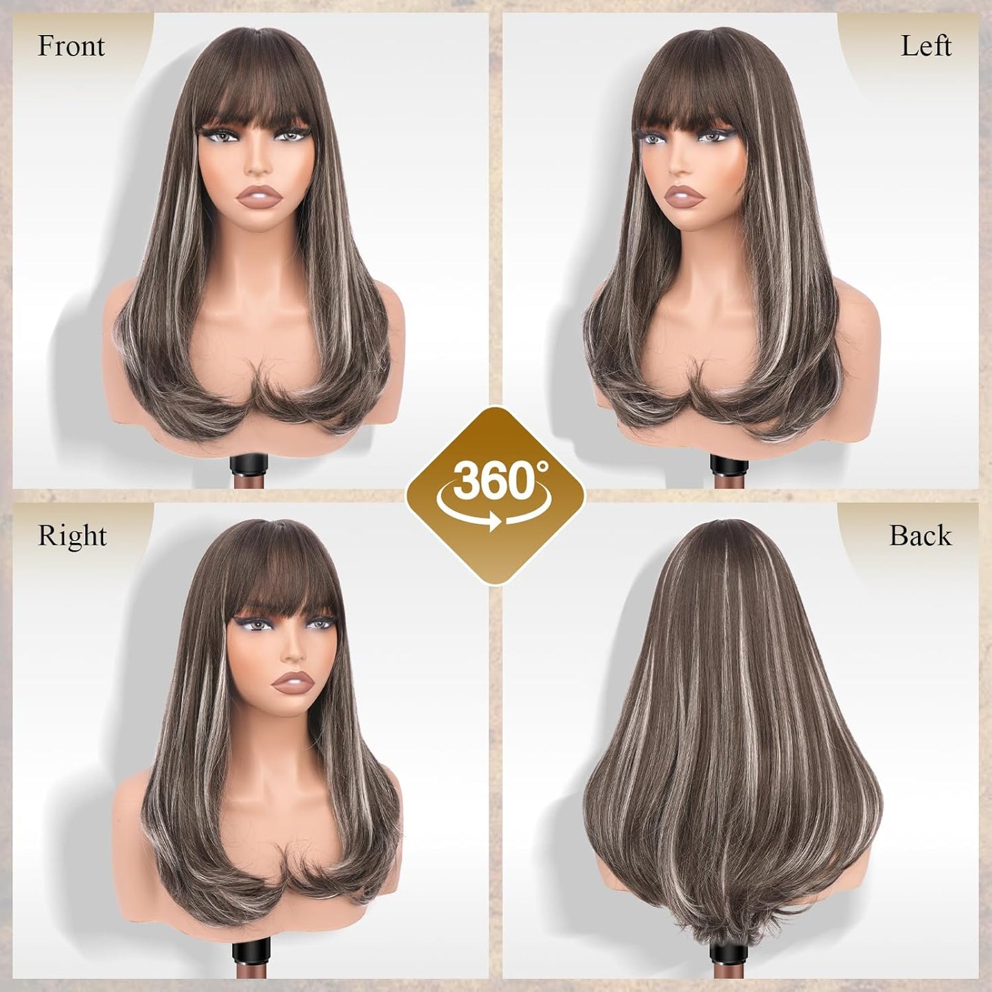 Long Wigs with Bangs - Synthetic Layered Straight Hair Wig for Women | 18 Inch Brown Mixed Grey Highlights