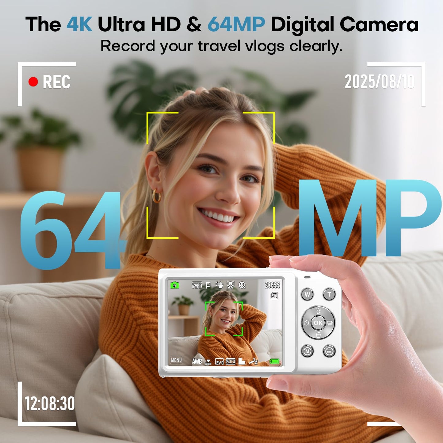 Digital Camera, 4K Digital Camera with Wide Angle Lens, 64MP Autofocus 16X Digital Zoom YouTube Compact Point Shoot Vlogging Camera for Teens/Beginners, 32GB Card, 2 Batteries(White)