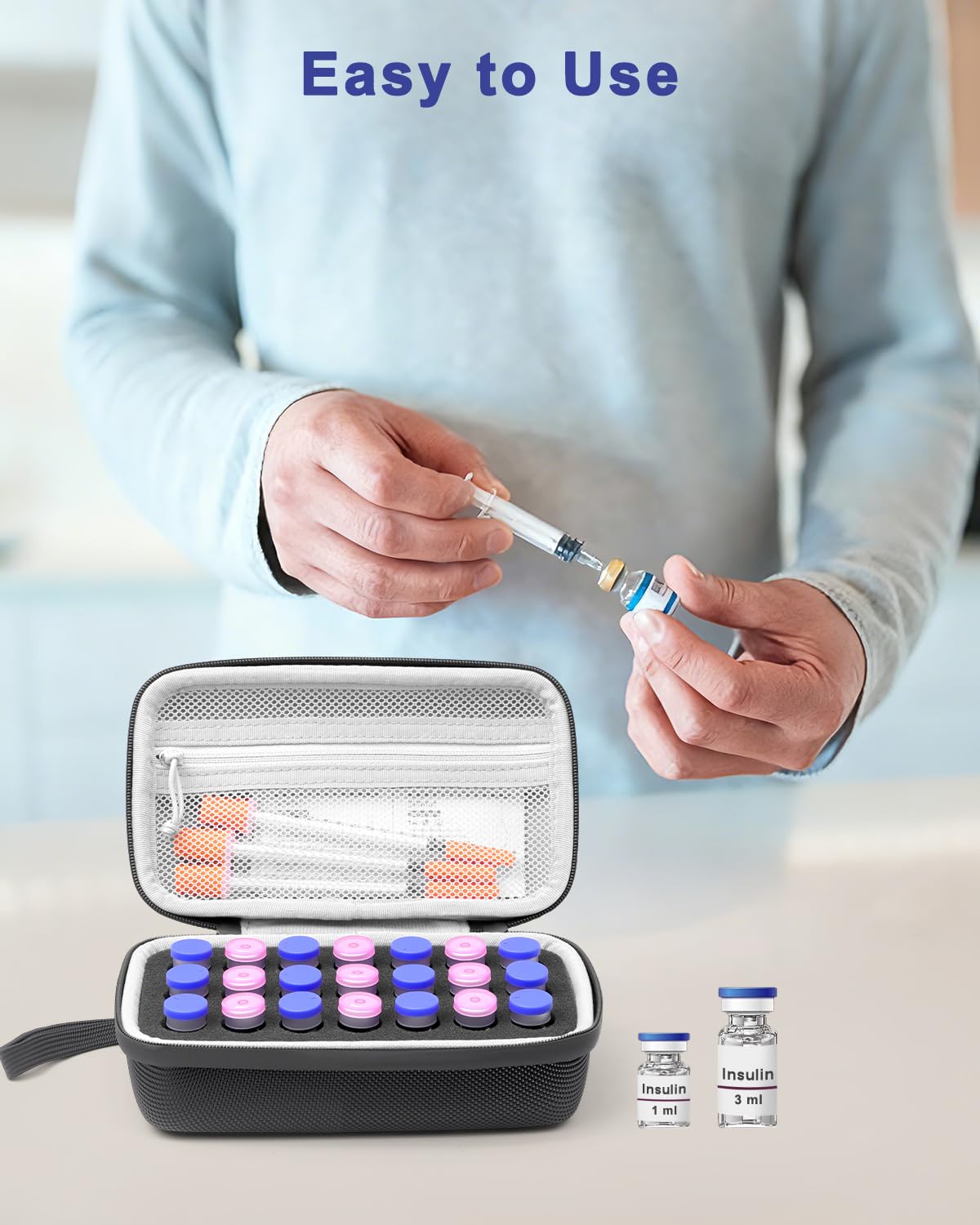 Krypthos Insulin Vial Protector Case, Insulin Vial Organizer Bag for Diabetics Standard 10ml U-100 Vials, Insulin Carrying Case Fridge Holder Storage Holder (21 Slots)