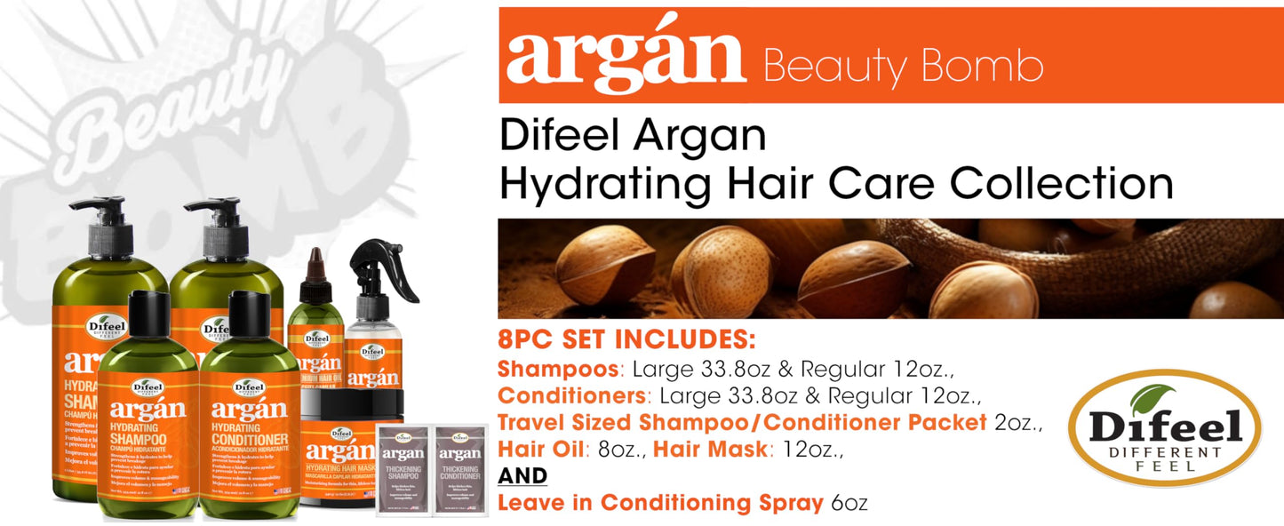 Difeel Argan Hydrating Shampoo & Conditioner Collection - 8 Piece Set, Includes Hair Oil, Mask, Leave in Spray, Travel Size - Sulfate Free, Paraben Free, Phthalate Free, Color Safe