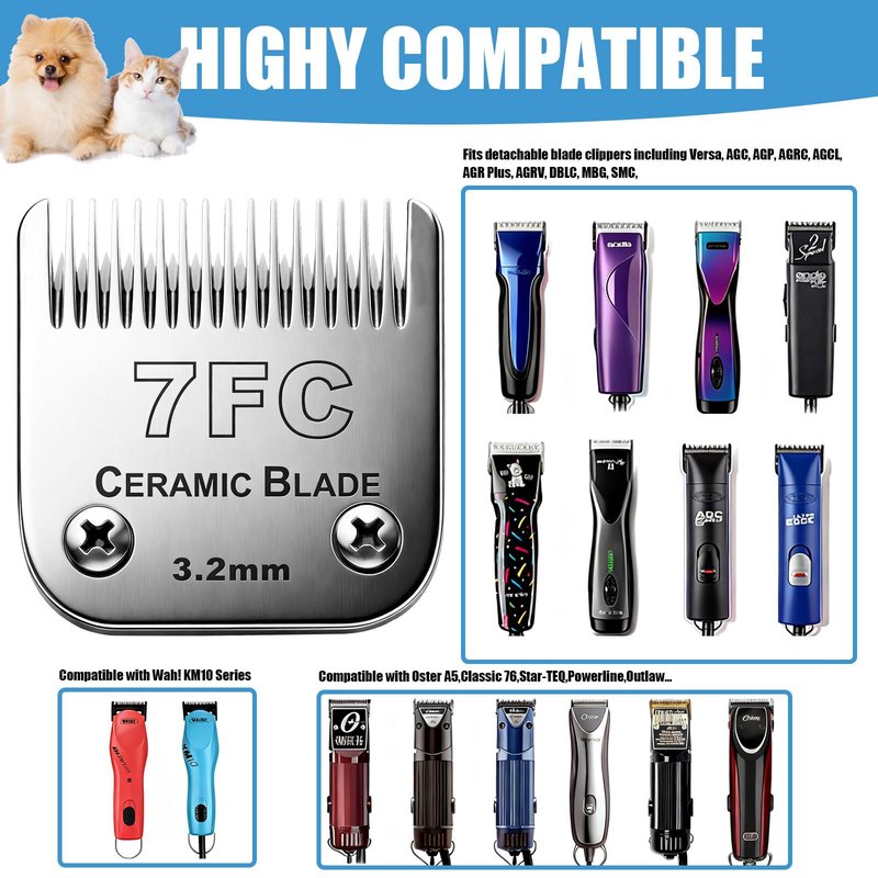 Dog Grooming Replacement Blades Compatible with Andis Dog Clipper, Dog Clipper Blades Compatible with Oster A5,Wahl KM-10 Series Dog Clipper,7FC Blades (3.2mm)