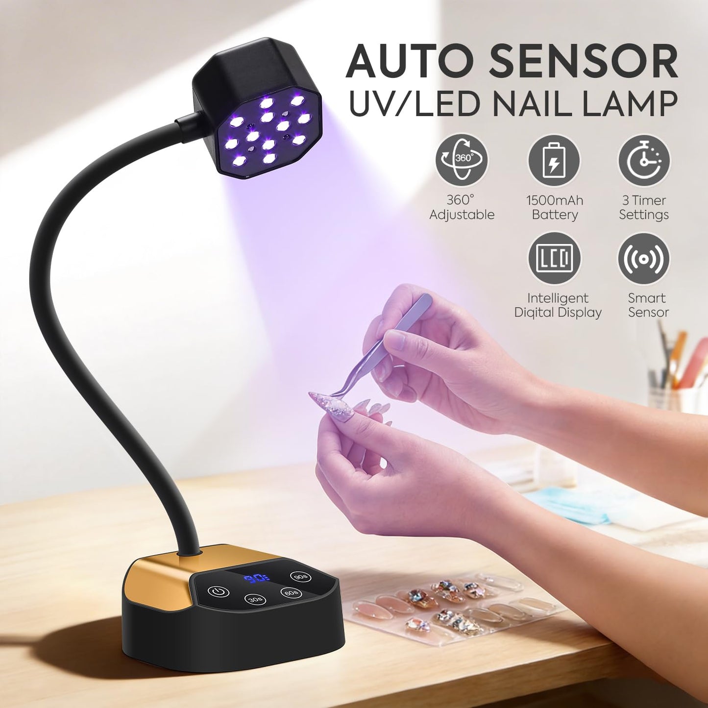 UV Nail Lamp: 36W Mini UV Light for Gel Nails Polish 50mW/cm² Rechargeable LED Nail Light Goosenecks Nail Dryer with 12 LEDs, 4 Timers & Auto Sensor, Fast Curing Gel X Nail Lamp for Home DIY Manicure