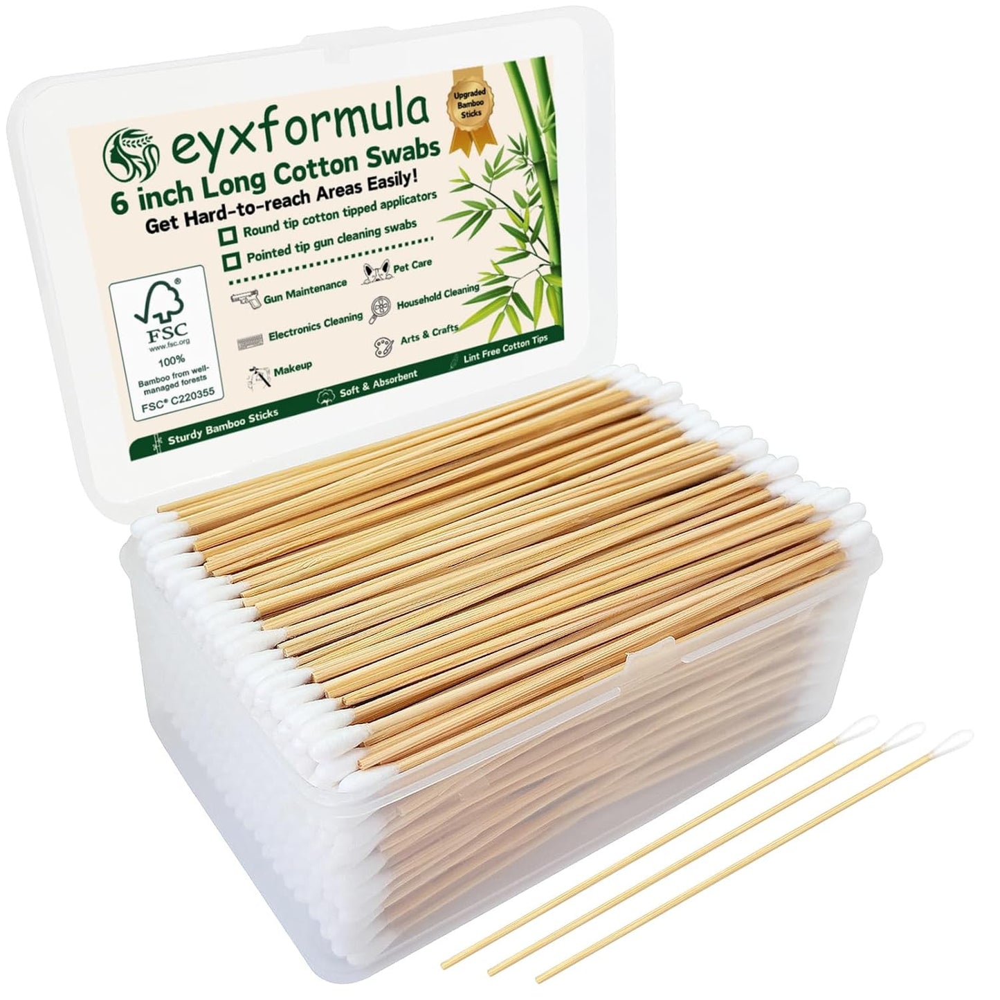 Eyxformula 500 PCS Cotton Swabs - 6 Inch Bamboo Sticks for Dog Ear Cleaning, Makeup & Crafts | Lint-Free Applicators