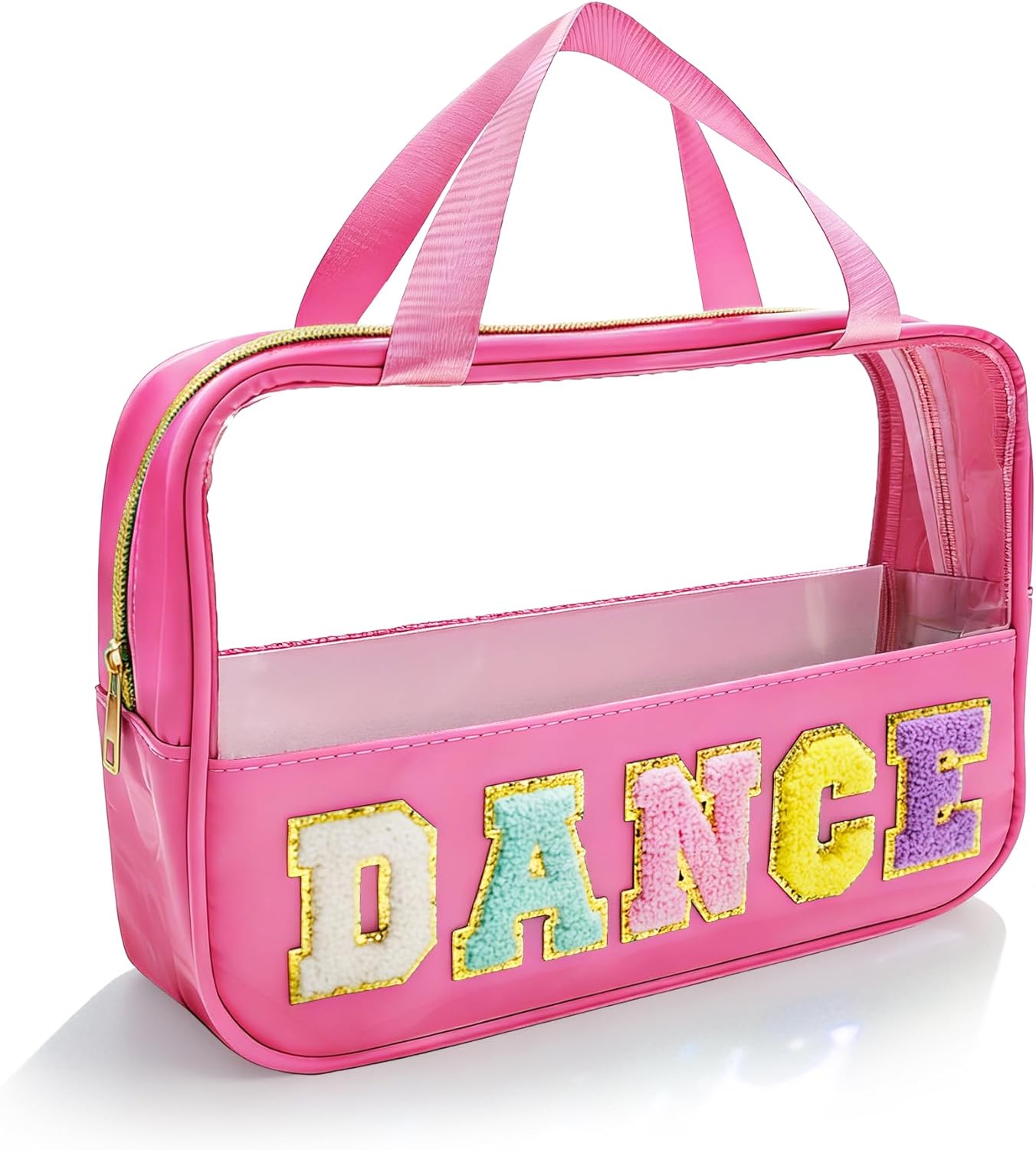 Dance Makeup Bag - Chenille Letter Patch Clear Ballet Cosmetic Bag | Waterproof Nylon, Zippered Handle