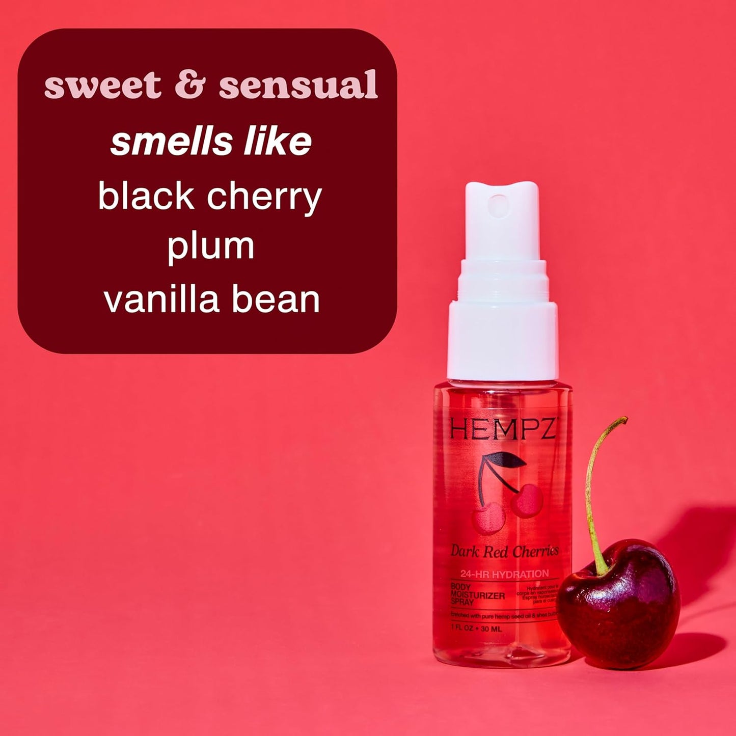 Hempz Cherry Hydrating Mist Spray - Lightweight Cherry Fragrance | Travel Size Moisturizer, 1 fl. oz.