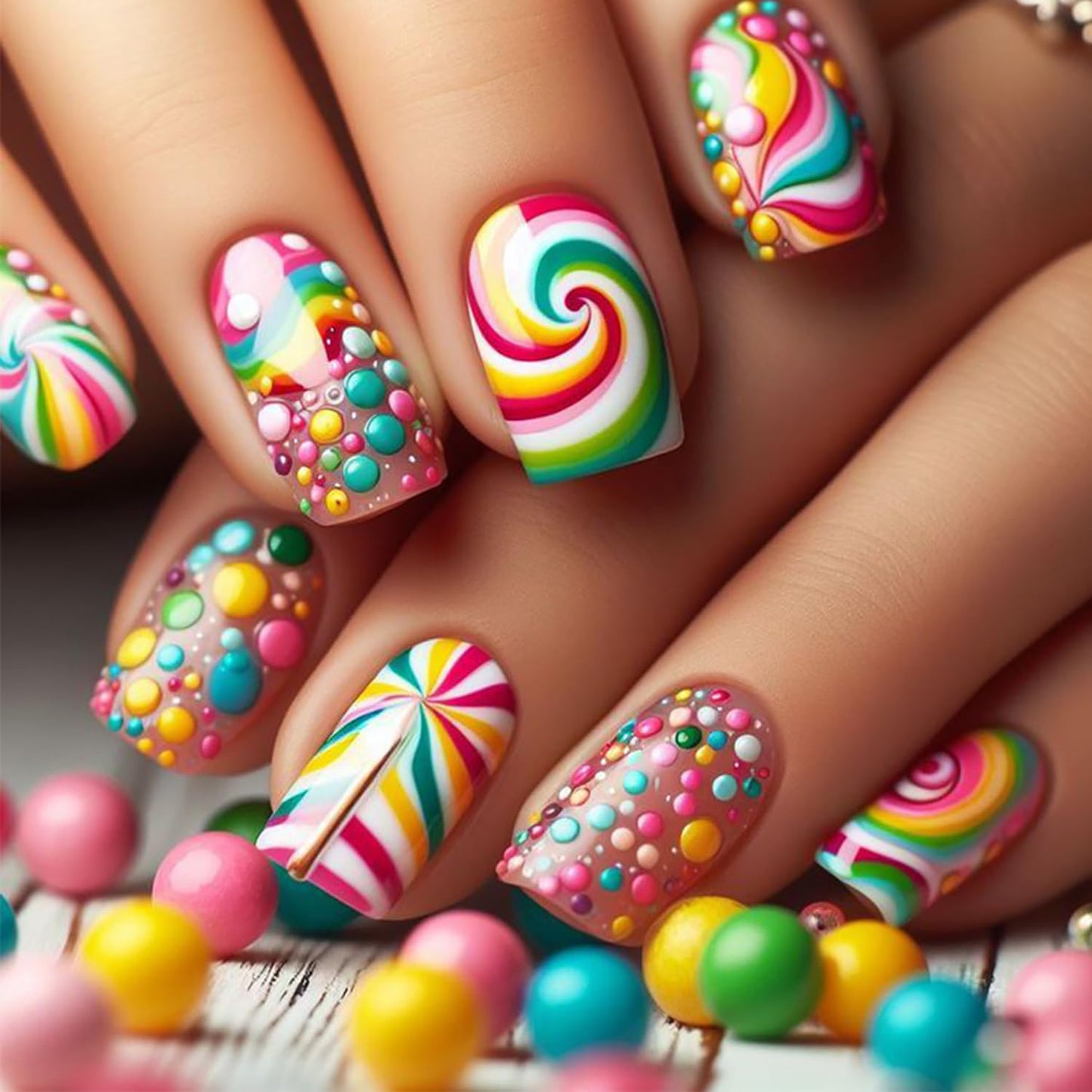 Rainbow Press on Nails Medium Square Fake Nails with Colorful Swirl Candy Design Cute False Nail Full Cover Reusable Stick on Nail for Women 24Pcs