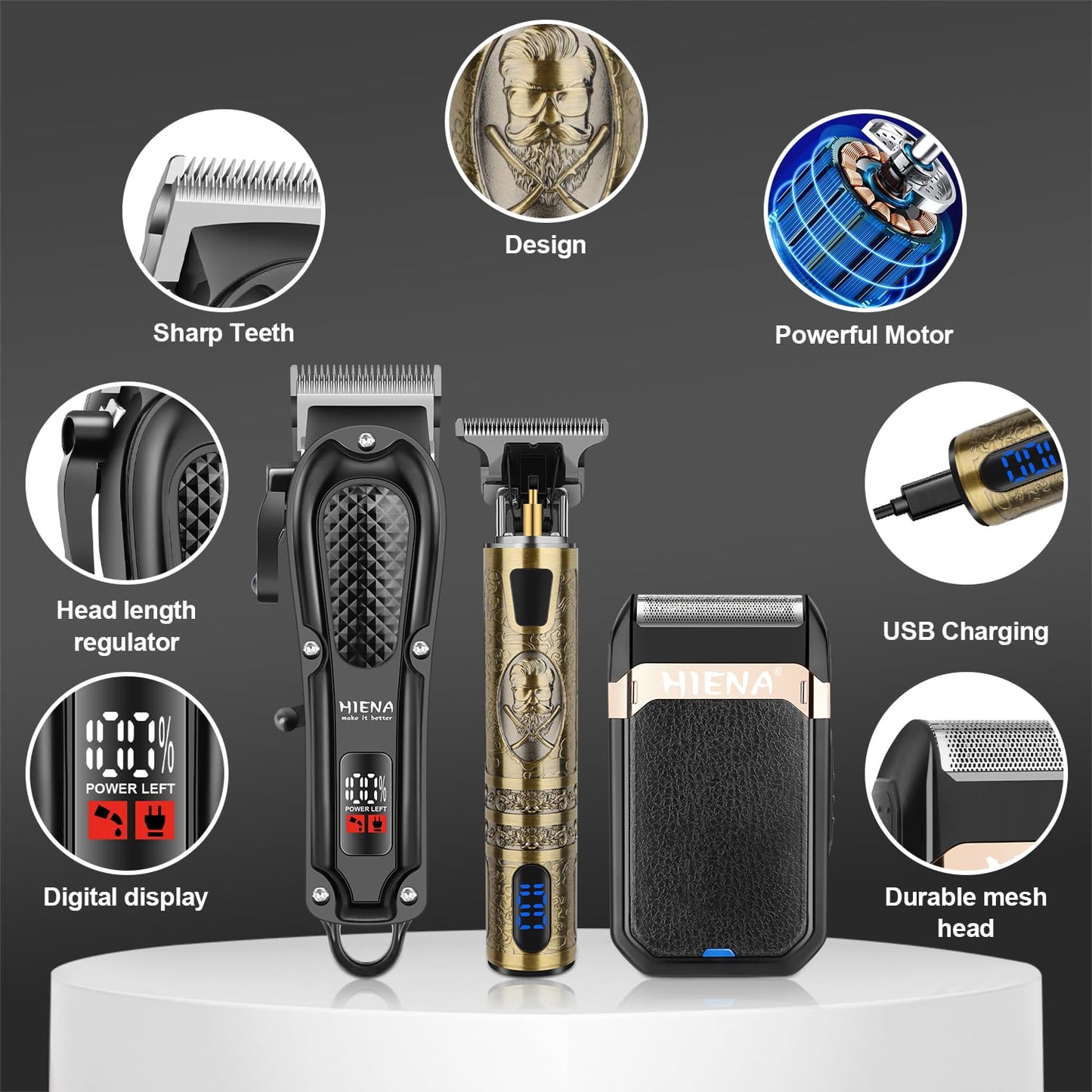 HIENA PRO Professional Hair Clippers for Men, Cordless Hair Clipper for Hair Cutting Kit 3-in-1 LED Haircut Set with Foil Shaver, USB-C Rechargeable Barber Clippers for Men