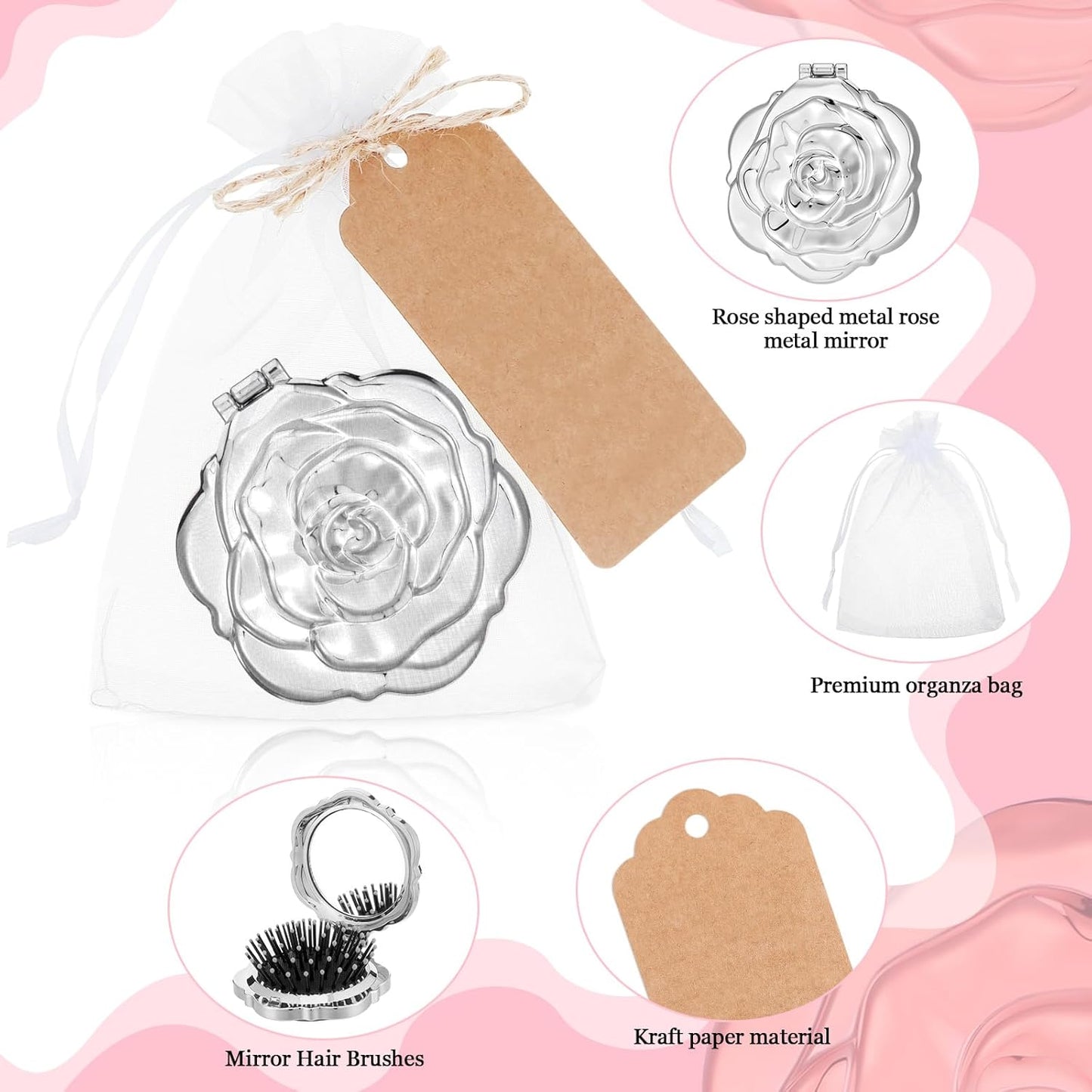 Rose Compact Mirrors - 24 Sets Travel Mirror Favors for Quinceanera, Sweet 16 & Bridal Shower | Silver