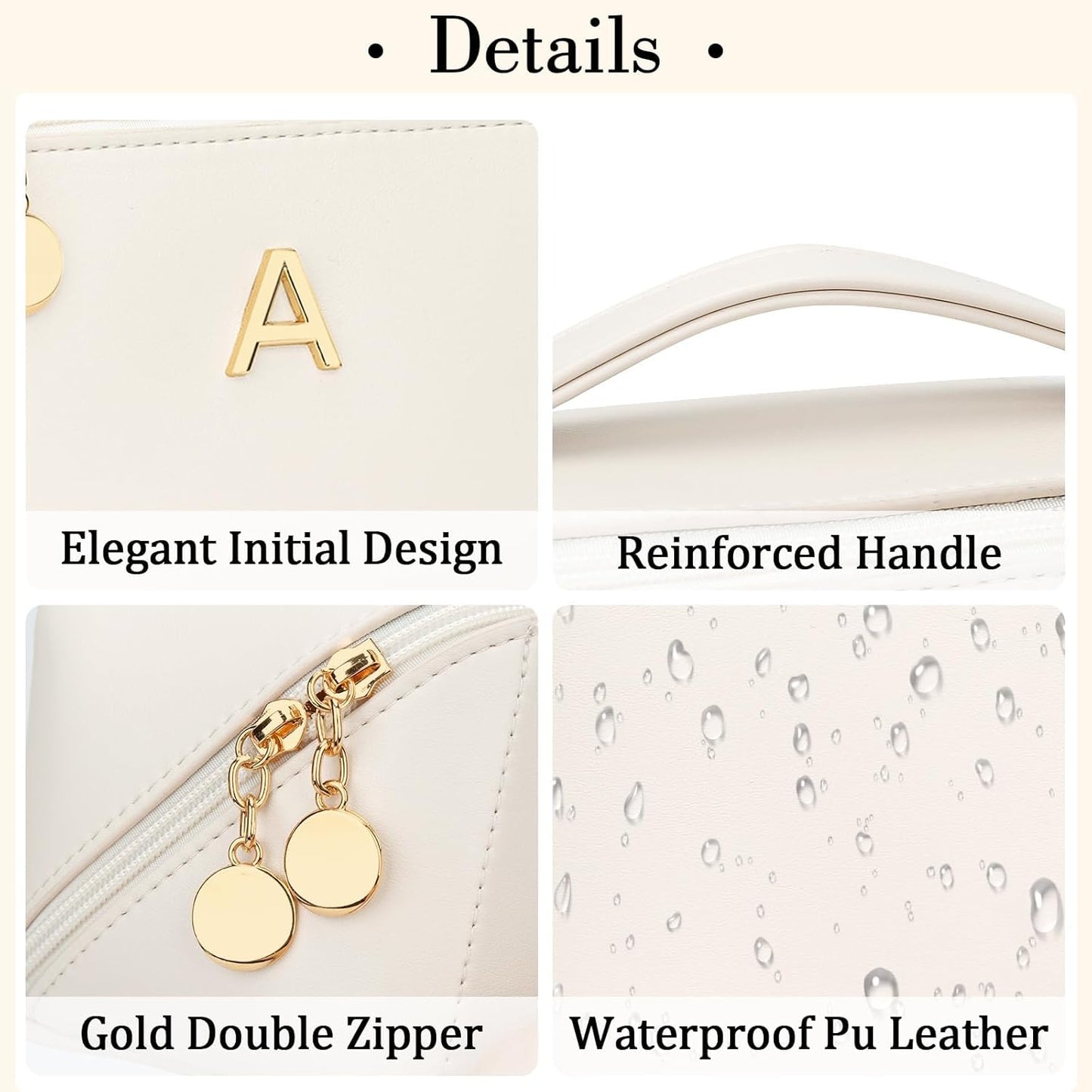 Personalized Initial Makeup Bag - Stylish PU Leather Travel Toiletry Bag | Multi-Pocket Design in Beige