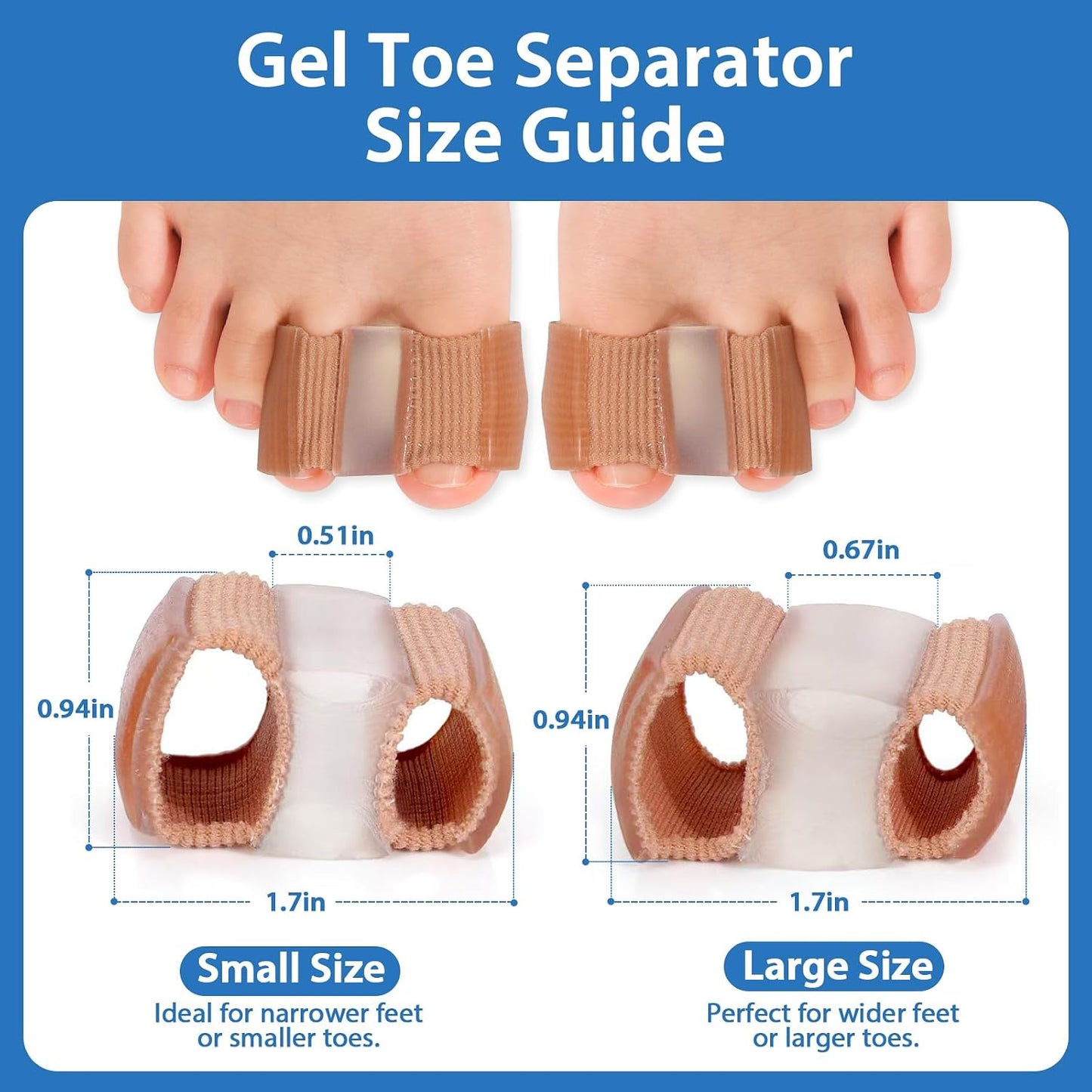 Bunion Toe Separators - 3-Point Gel Spacers for Overlapping Toes | 4 Pack, Large Size