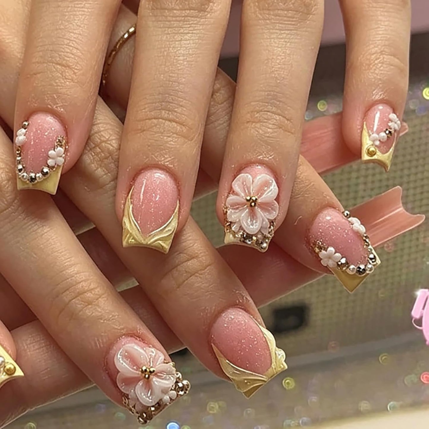 3D Blueberry Flower Press-On Nails - Medium Almond Shape with Pearl & Gold Beads | Reusable Glossy Blue French Tips for Summer Parties