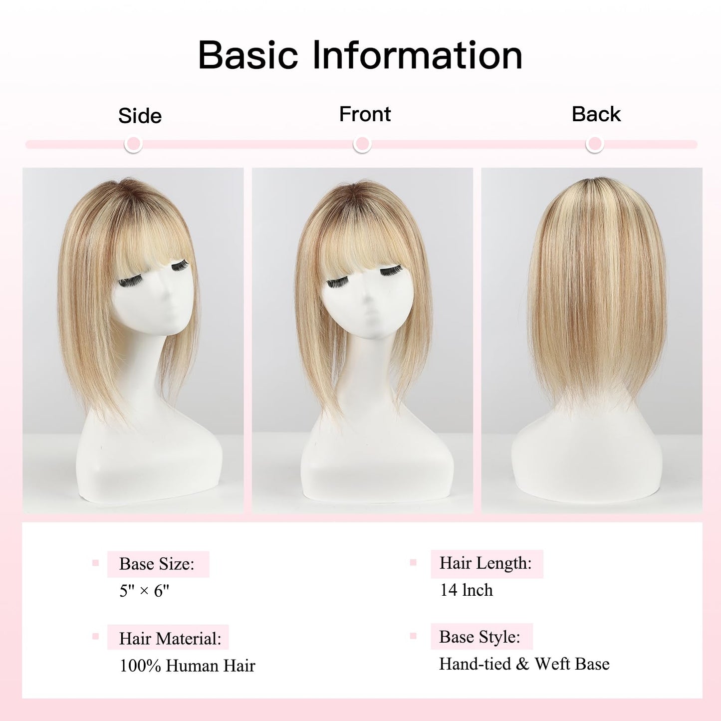 EMMOR 14 Inch Human Hair Topper for Women - 5" × 6" Upgrade Swiss Lace Base with 3 Non-Slip Clips, 100% Real Hair Toppers for Thinning Hair & Natural Looking-Straight Bang(#005)