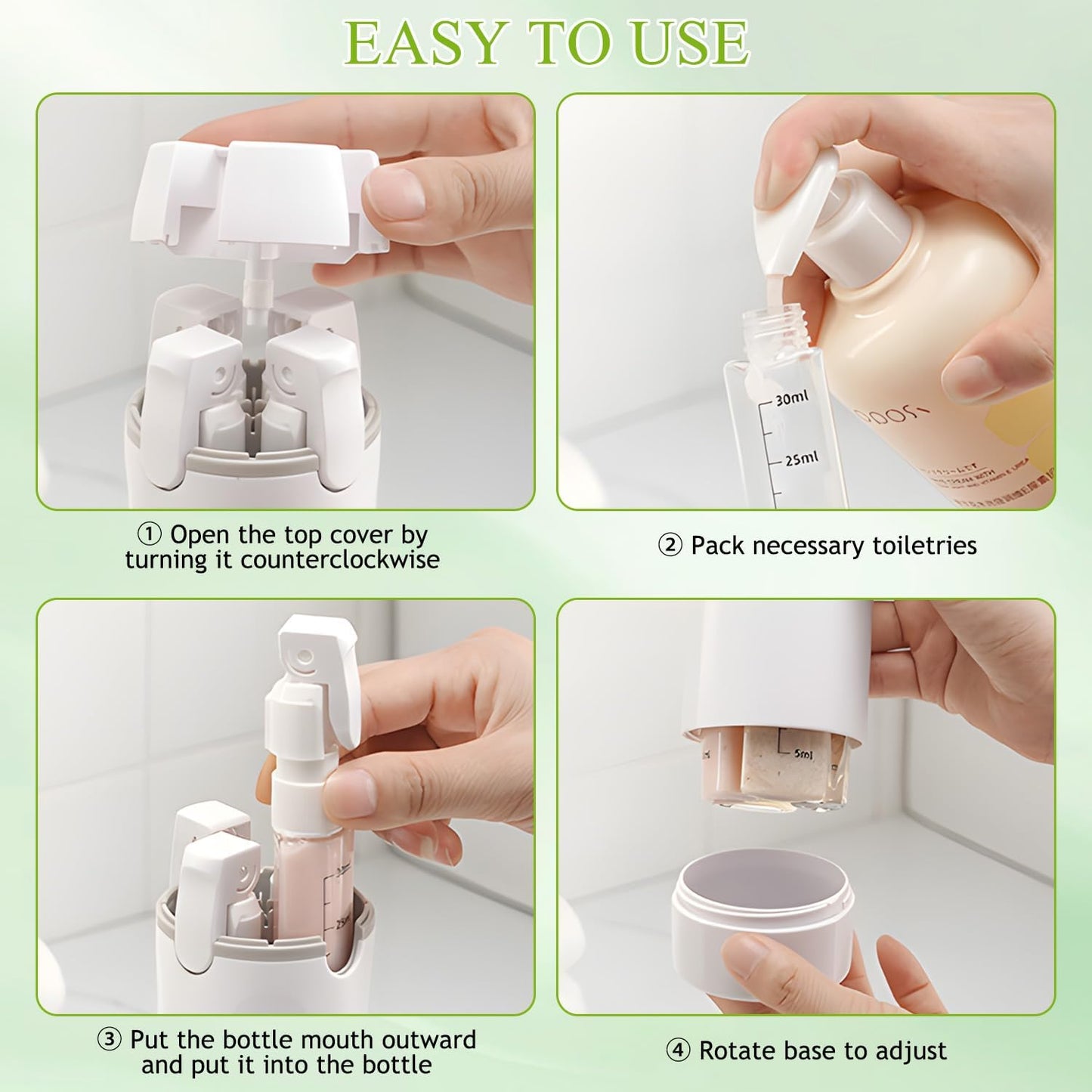 Travel Dispenser Bottle Set - 4 Pack 30ML Refillable Toiletry Bottles | Leak-Proof & Portable for Face Wash, Lotion, Camping