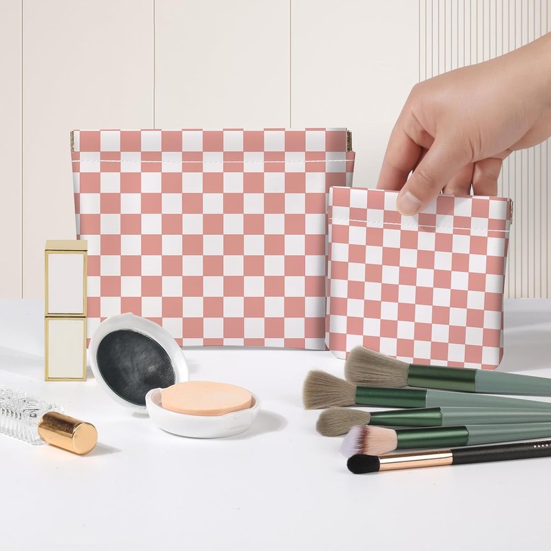 Makeup Bag Set - 2PCS PU Leather Cosmetic Organizer for Purse | Portable Self-Closing Toiletry Pouch - Pink Checkered