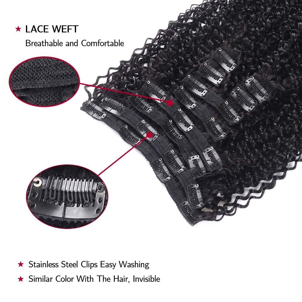 16 Inch Kinky Curly Clip ins Human Hair 110g 8pcs 20 Clips 3C 4A Curly Clip In Hair Extensions Real Human Hair Brazilian Virgin Hair Full Head for Women Natural Black Color