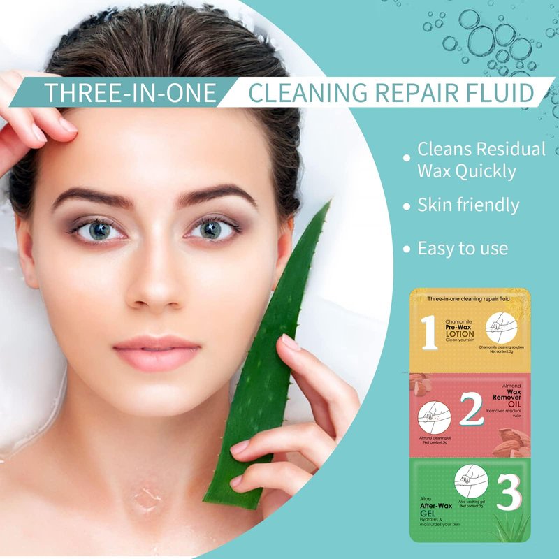 Pre and Post Waxing Essentials - Chamomile Cleanser, Almond Oil Remover, Cooling Aloe Vera Gel, 3 Packs x 8 Set