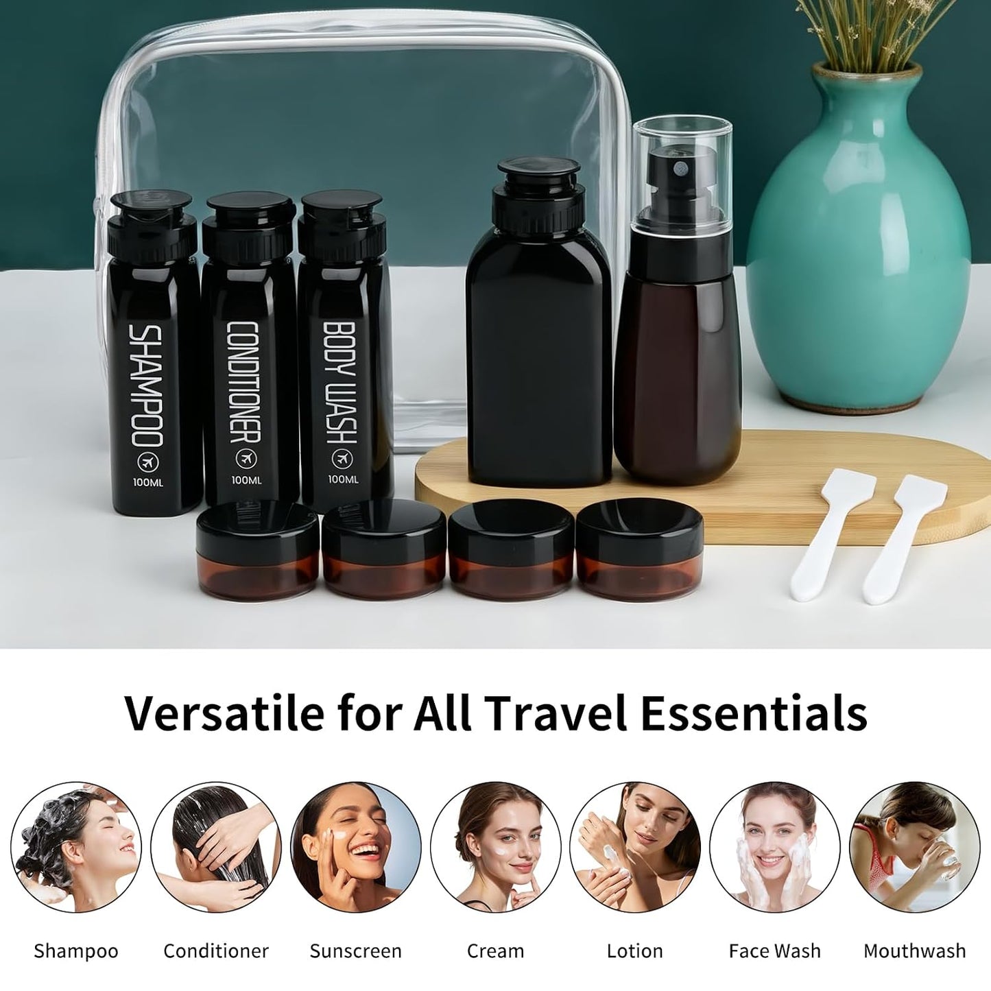 Travel Toiletry Bottles Set - 10PCS Leakproof 100ml/3.4oz & 2oz TSA Approved | Black Refillable Containers