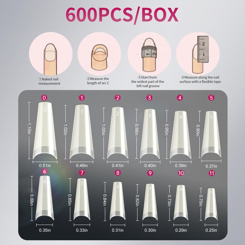 krofaue Natural Acrylic Nail Tips Square - 600PCS Half Cover Coffin False Nails 12 Size with Box for Salon and Home DIY