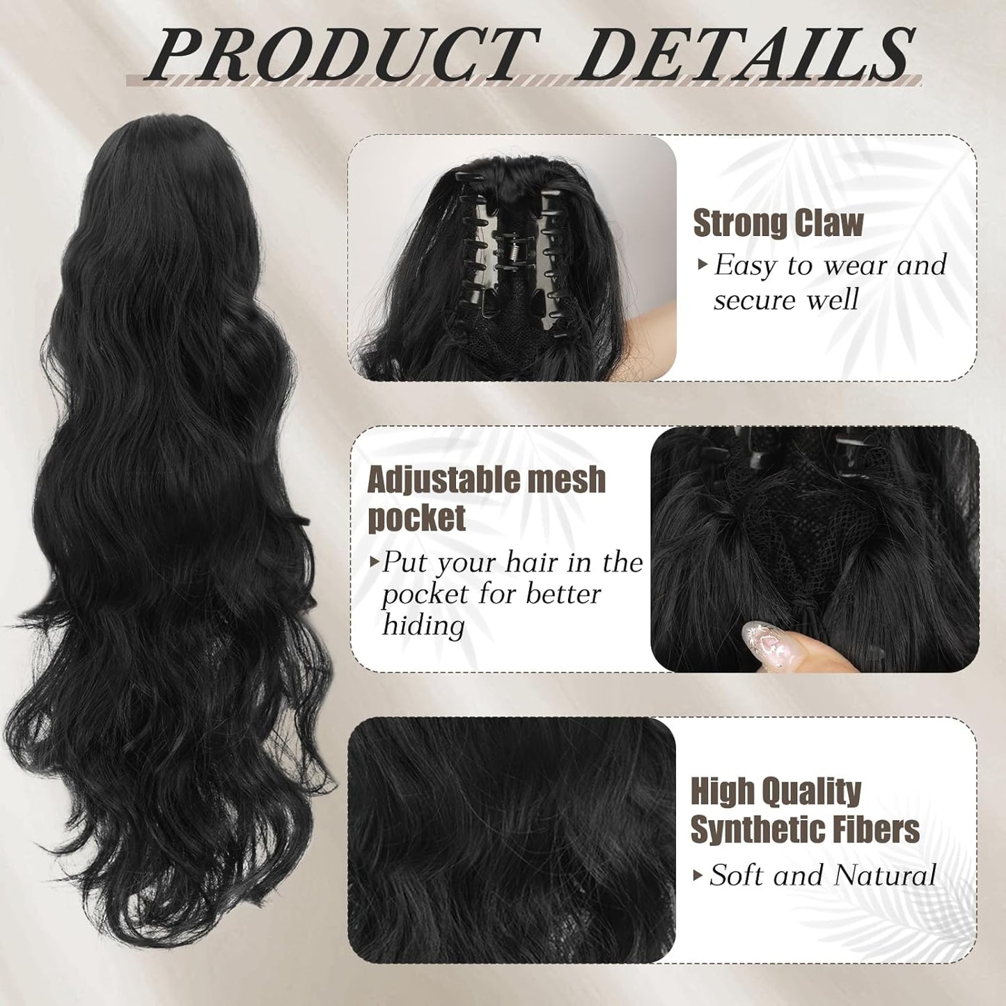 Black Claw Clip Ponytail Extension - 20 Inch Long Wavy Synthetic Hairpiece for Women | Lightweight Natural Look