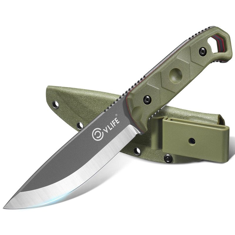 CVLIFE Fixed Blade Knife with Sheath, 5.2" D2 Steel Full Tang Survival Bushcraft Knife, Scandi Grind, 5-Layer Handle with G10 Liners, Heavy Duty Hunting Camping Knives for Men, Green