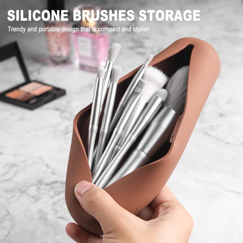 FVION Travel Makeup Brush Holder, Silicone Foundation Brush Pouch with Magnetic Closure, Make up Brush Case Fit for Extra Size Brushes - Brown