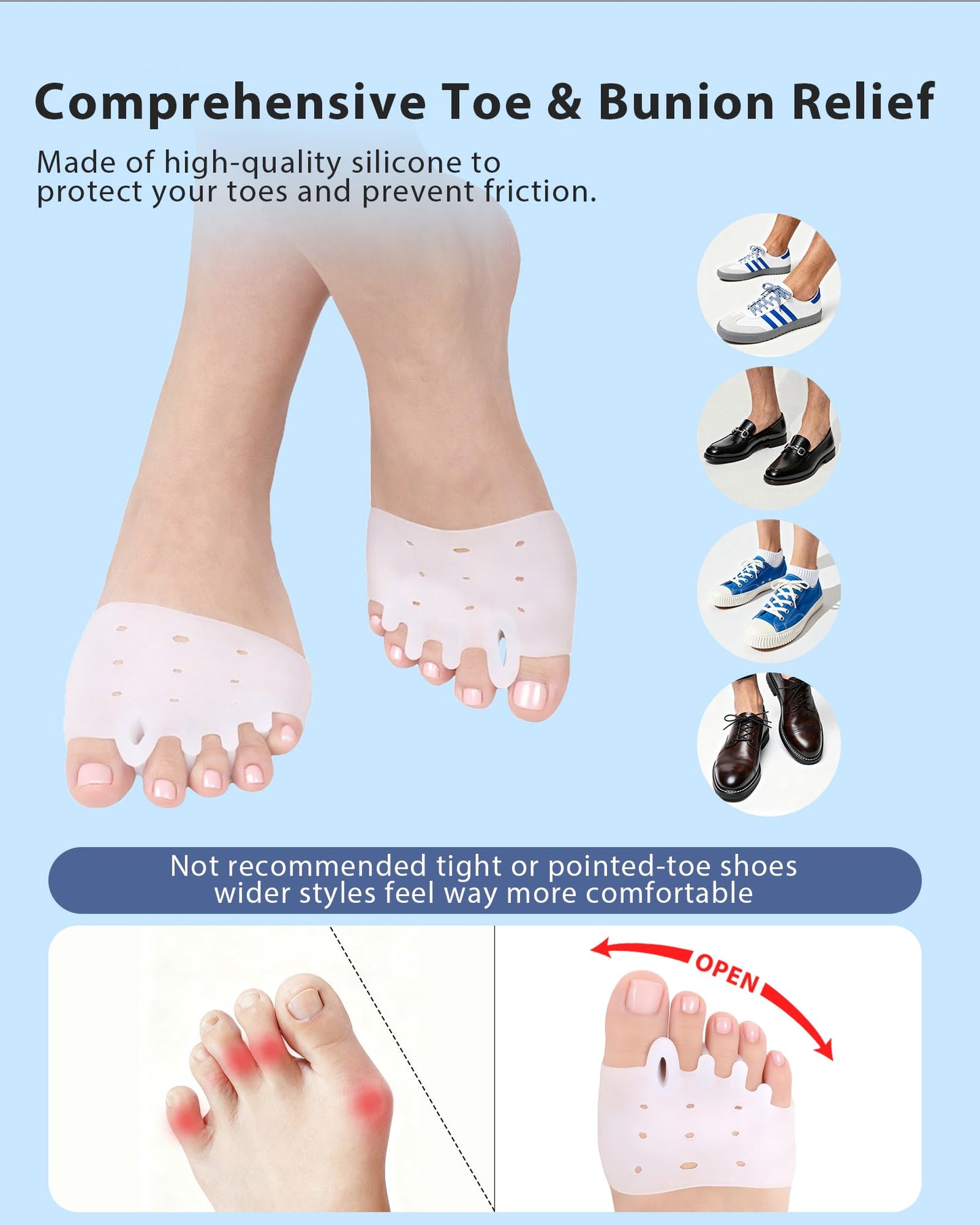 Jalopink Silicone Toe Separators, Spacers Bunion Corrector for Women Men, Toe Straightener,Breathable Soft and Comfortable Silicone Foot Cushions (4 Pairs)