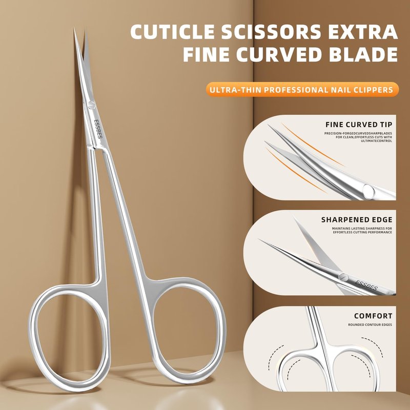 ESSBES Facial Hair Small Precise Grooming Scissors for Men Women Extra Fine Curved Blade Super Slim Professional Manicure Scissors for Cuticle, Eyebrow, Nose Hair, Mustache, Bead and Dry Skin