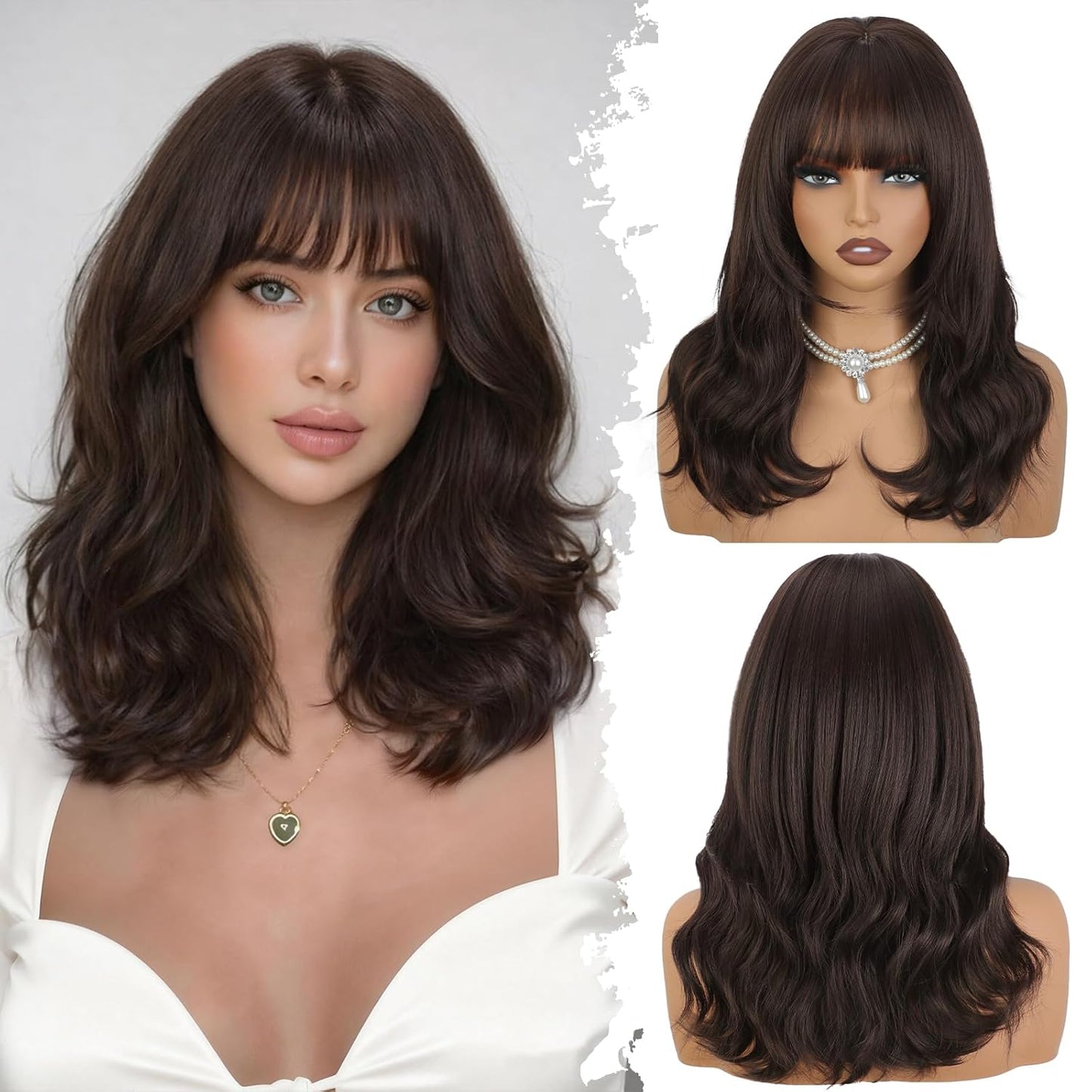 Black Wig with Bangs - 4x4 Realistic Scalp Layered Wavy Synthetic Wig | 18 Inch Natural Look for Daily Use