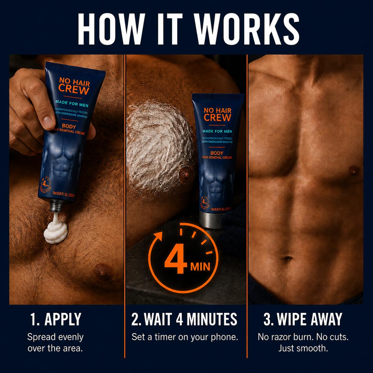 No Hair Crew Hair Removal Cream for Men - Painless Manscaping with Energizing Ginseng | 200ml