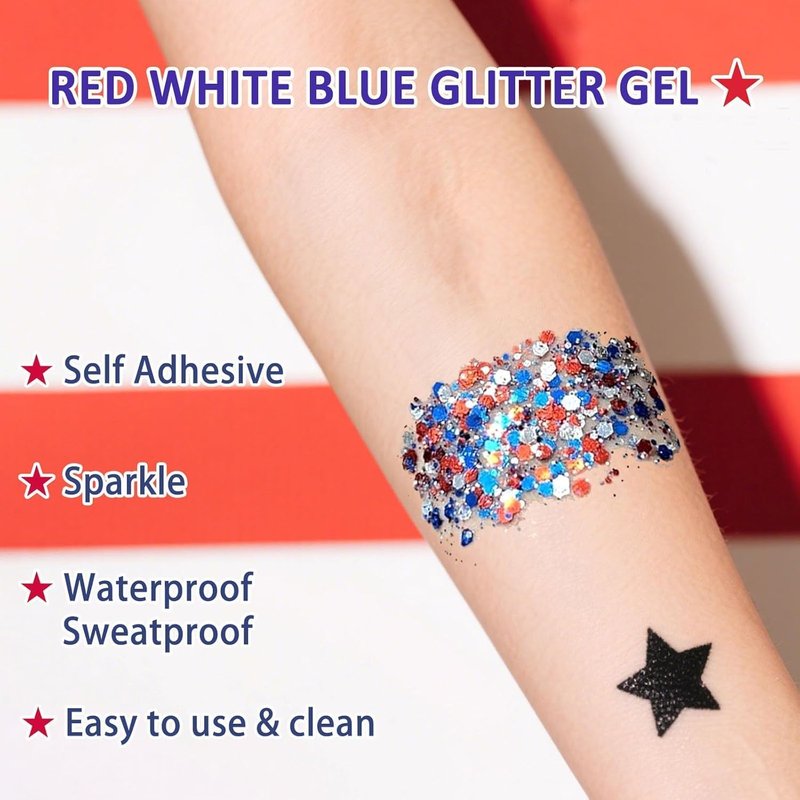 Patriotic Body Glitter Stick - Sparkling Red, White & Blue Face & Hair Makeup for 4th of July Celebrations | Waterproof Gel Kit