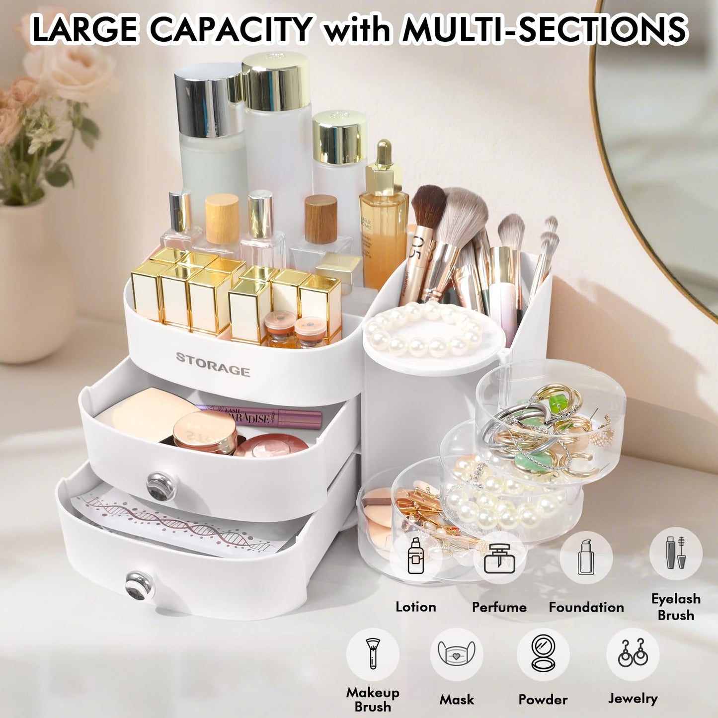 Makeup Organizer Countertop with Drawers, Make up Organizers for Vanity, Skincare Jewelry Earring Organizers, Cosmetic Display Cases Makeup Storage for Bedroom & Bathroom, Ideal Gifts for Women(White)