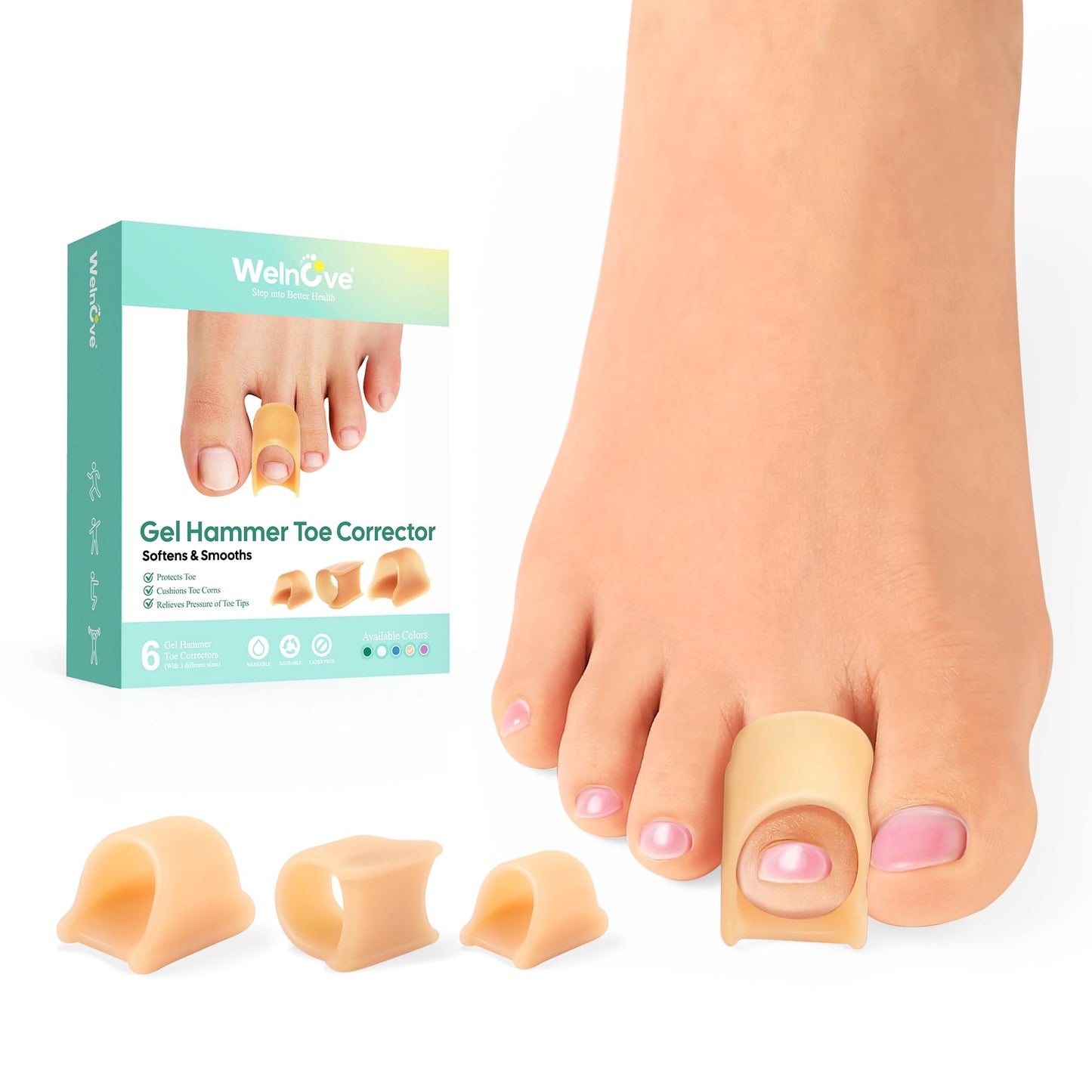 Welnove Hammertoe Corrector - 6 Pack Gel Toe Straighteners for Bent, Curled & Crooked Toes, Day & Night Comfort, Beige, Multi-Size