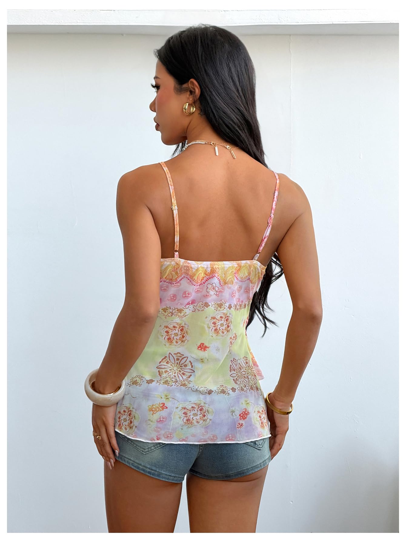 Verdusa Women's Y2k Top Cute Babydoll Tank Tops Floral Mesh Camisole