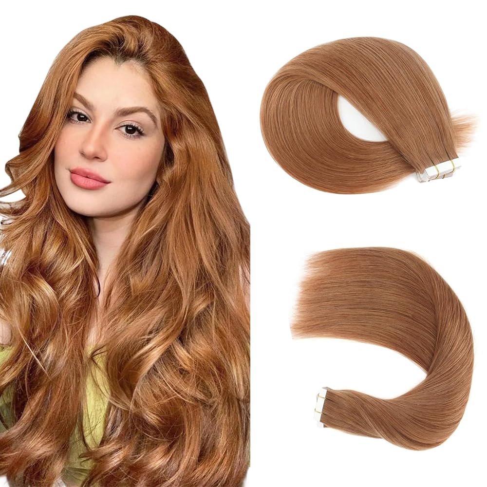 HuxoWax Tape In Human Hair Extensions #30 Light Brown Doubles Weft Invisible Straight Human Hair Tape In Extensions #30 Brown Weave 10 Packs Total 40g 14 Inch