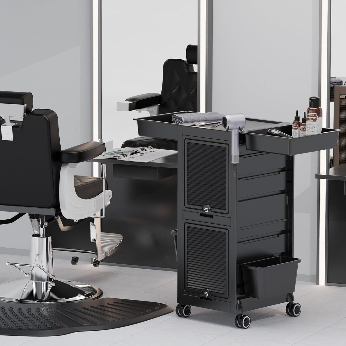 OmySalon Salon Trolley Cart - Rolling Hair Stylist Station with 2 Lockable Doors | Organizer with Drawers & Dryer Holder